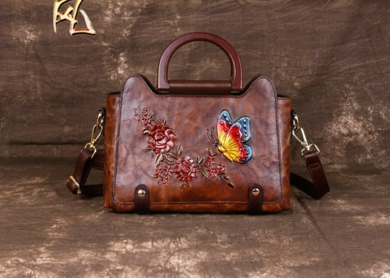 Women Embossed Butterfly Tote Retro Leather Vintage Bag