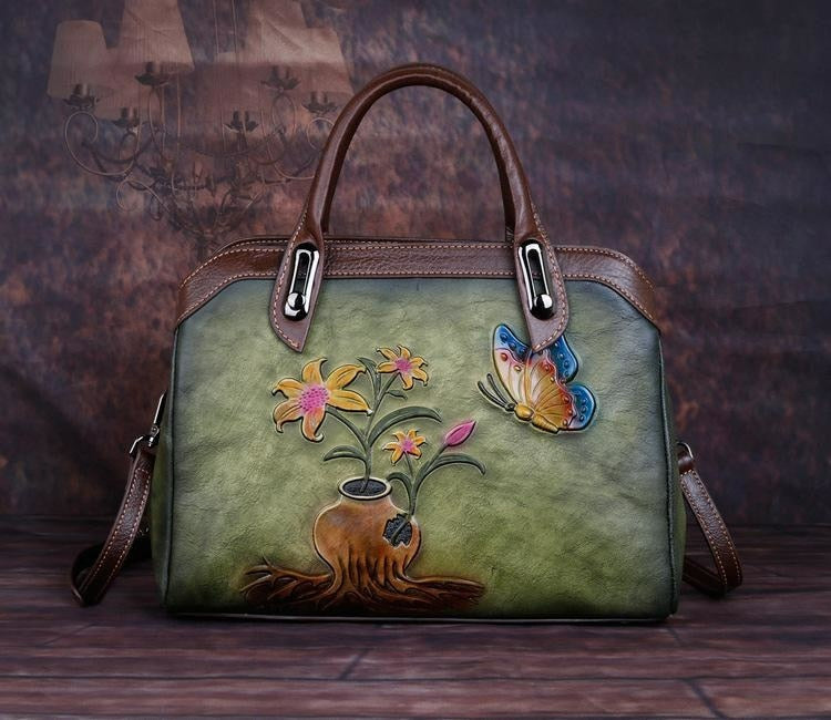 Women Vintage Handmade Leather Retro Embossed Handbag
