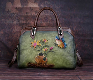Women Vintage Handmade Leather Retro Embossed Handbag