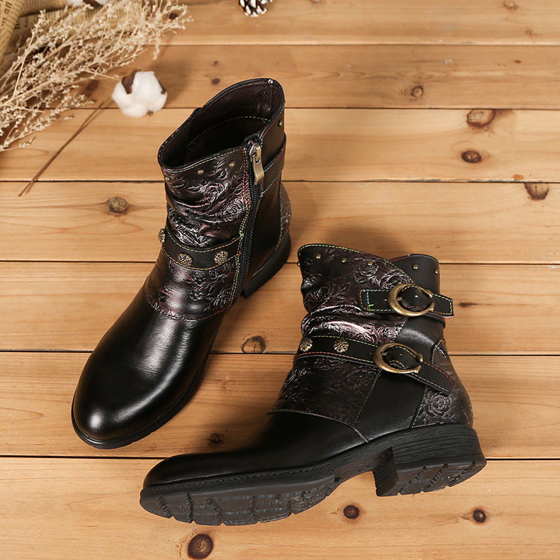 Women Genuine Leather Round Toe Print Handmade Concise Leisure Ankle Platform Boots