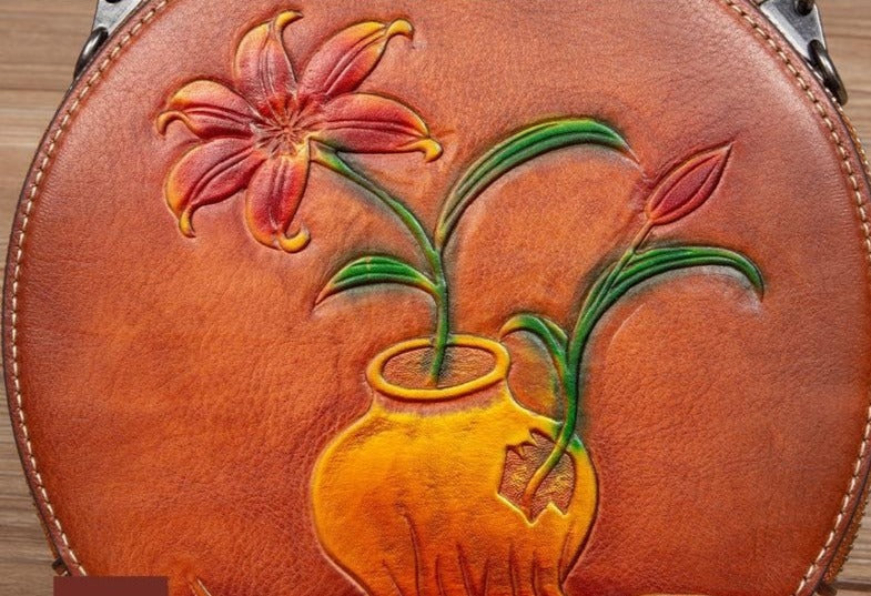 Women Vintage Genuine Leather Embossed Circular Handbags
