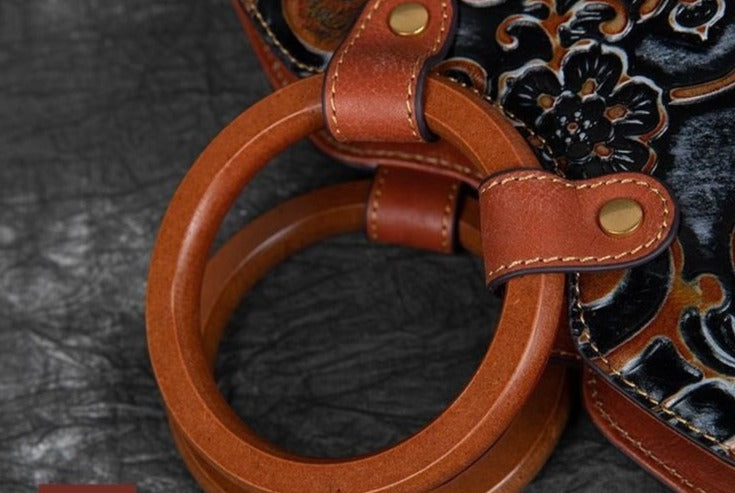 Women Retro Genuine Leather Handmade Embossed Shoulder Bag
