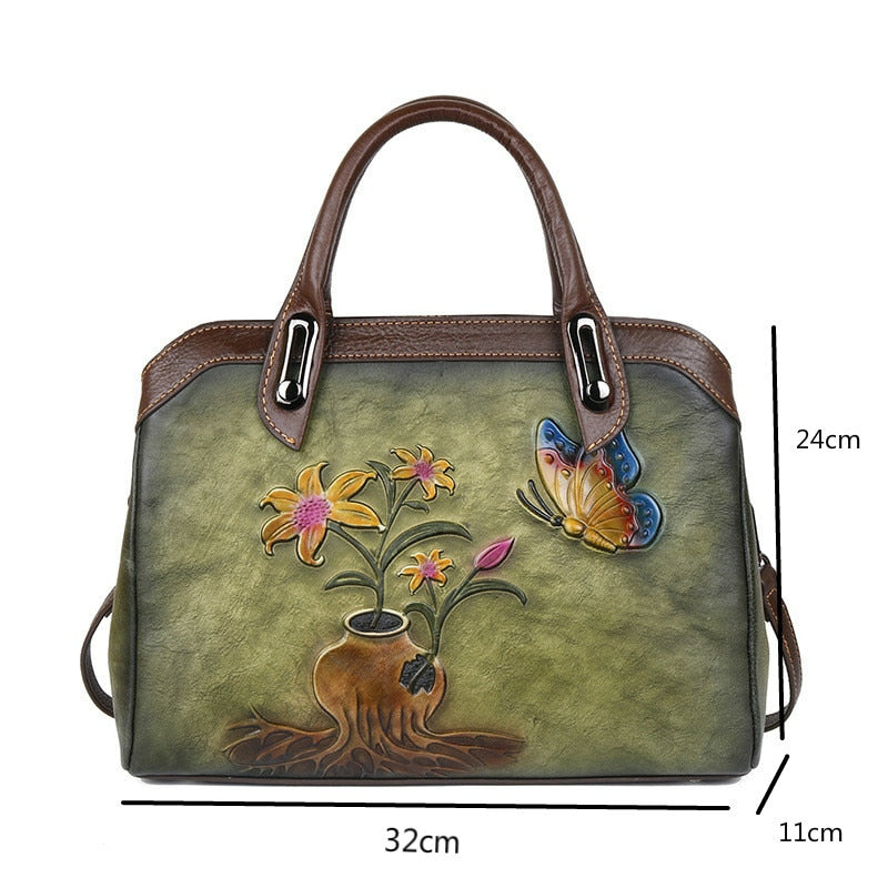 Women Vintage Handmade Leather Retro Embossed Handbag