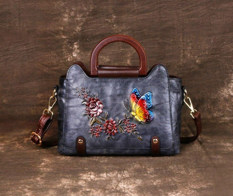 Women Embossed Butterfly Tote Retro Leather Vintage Bag