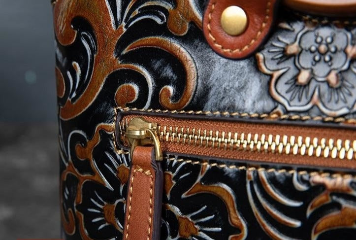 Women Retro Genuine Leather Handmade Embossed Shoulder Bag