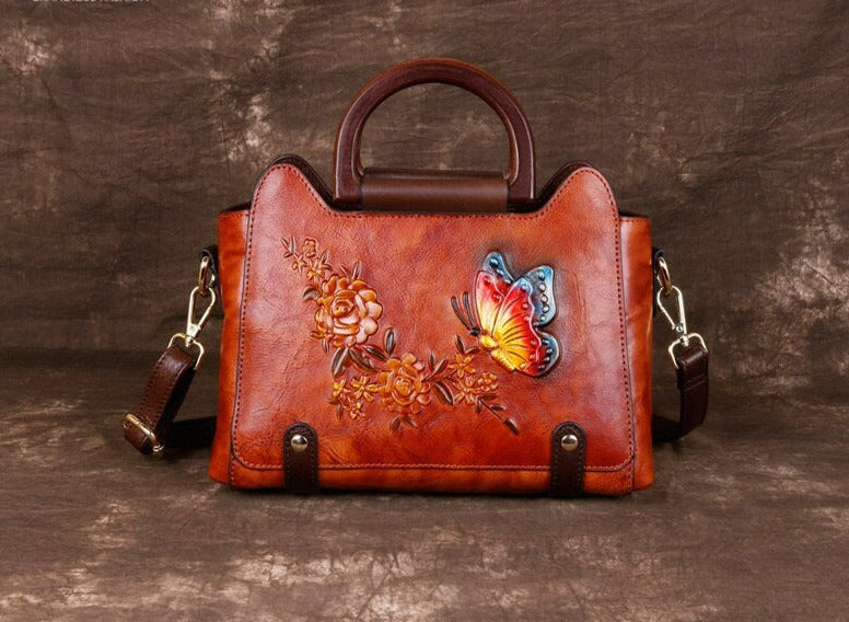 Women Embossed Butterfly Tote Retro Leather Vintage Bag