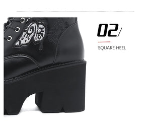 Women Embroidery Zipper Chunky Heels Combat Ankle Boots