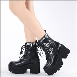 Women Embroidery Zipper Chunky Heels Combat Ankle Boots