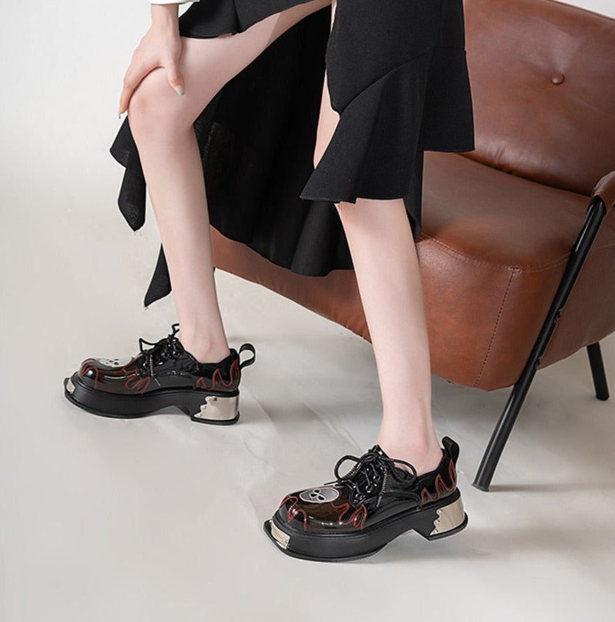 Women Goth Skull Patent Leather Oxford Platform Shoes