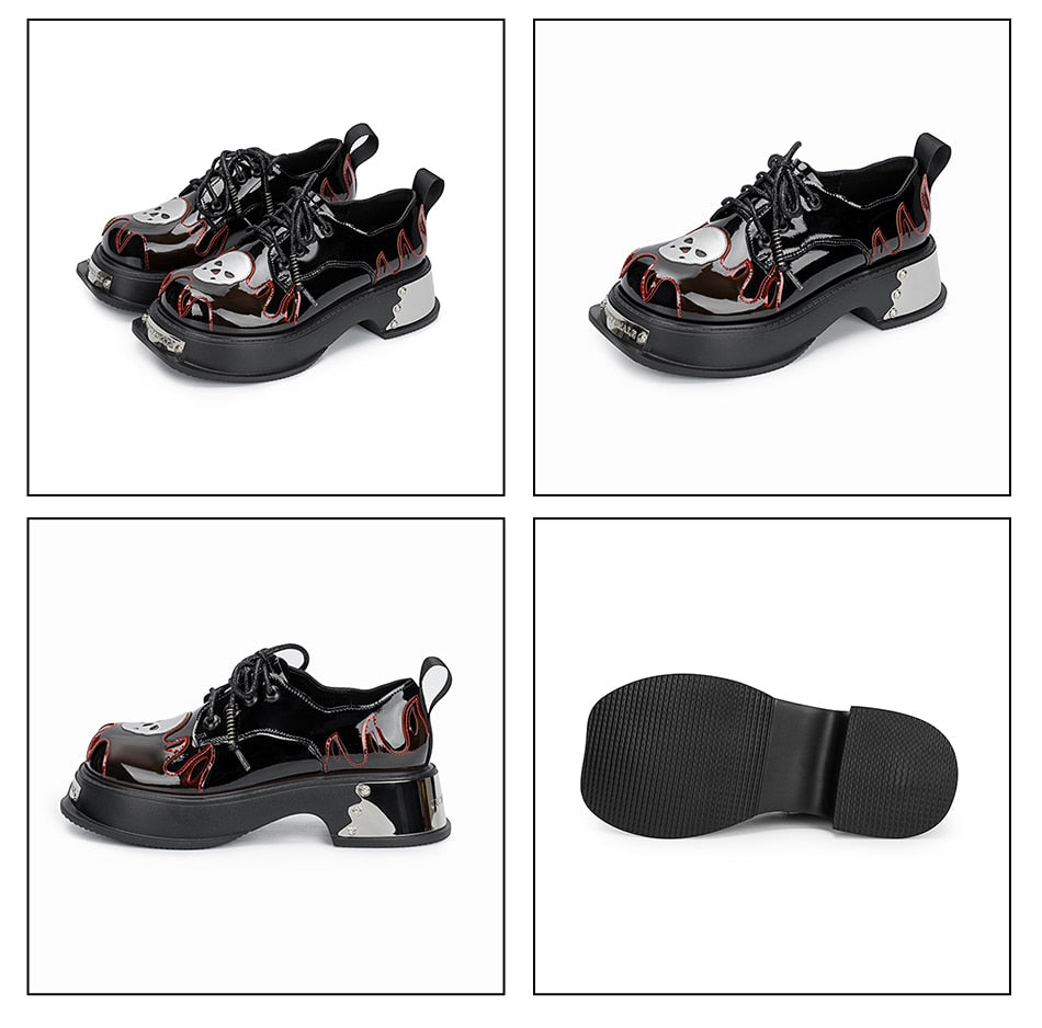Women Goth Skull Patent Leather Oxford Platform Shoes