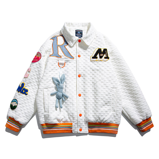 Men Hip Hop Waffle Plaid Jacket Streetwear Embroidery Label Coat