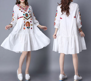 Women Vintage Bohemian Hippie Floral Embroidered Dress