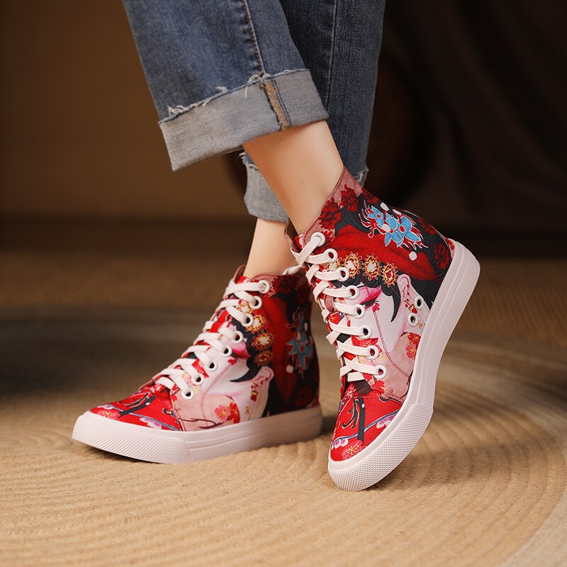 Women Peking Face Round Toe Lace Up Canvas Shoes