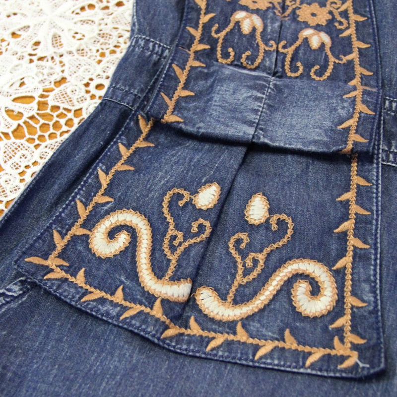 Women Embroidery Boho Denim Vintage Jumpsuit