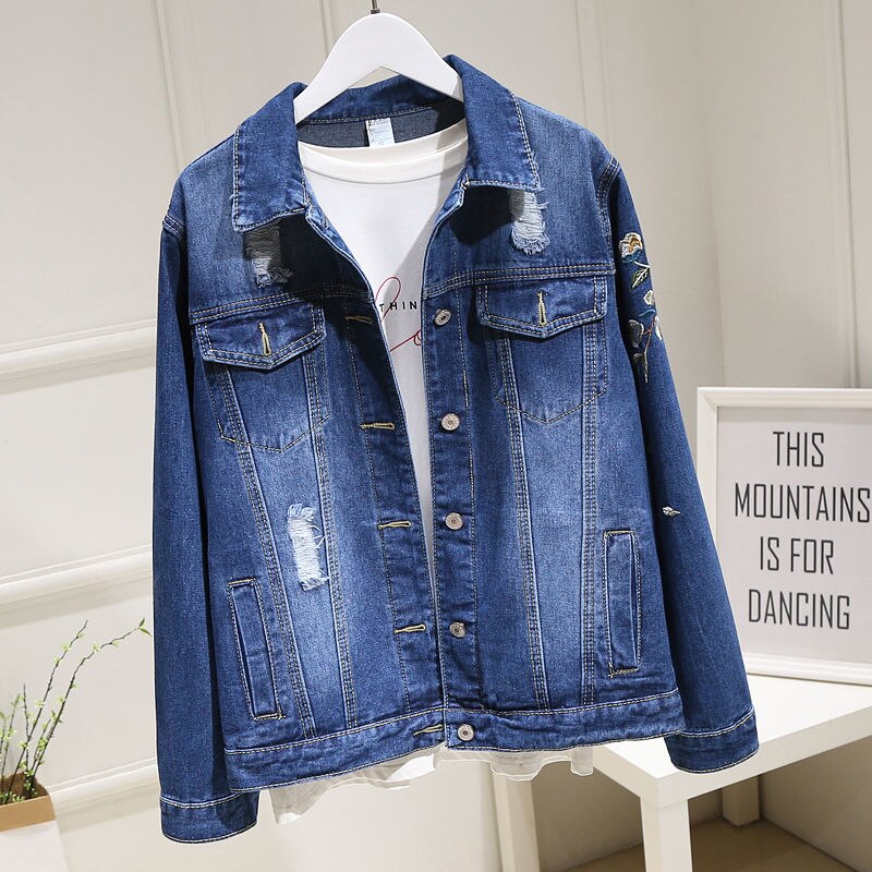 Women Embroidery Floral Vintage Denim Coat