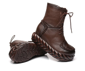 Women Vintage Genuine Leather Ankle Cowhide Lace-Up Boots