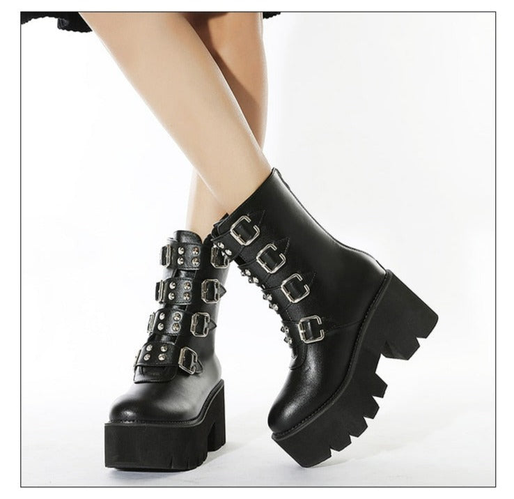 Women Gothic Punk Chunky Heels Combat Motorcycle Boots