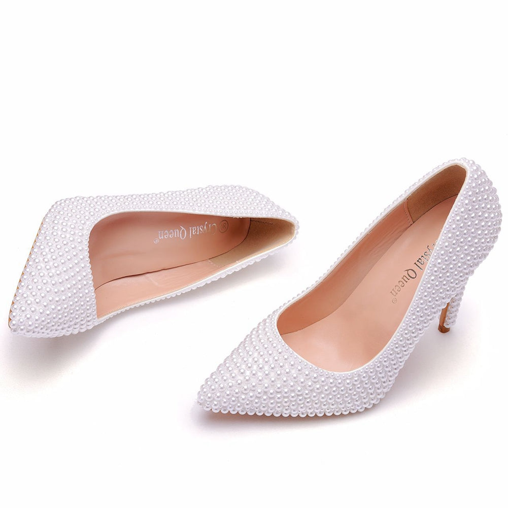 Women Pearl Handmade Wedding Shoes Bridal High Heels