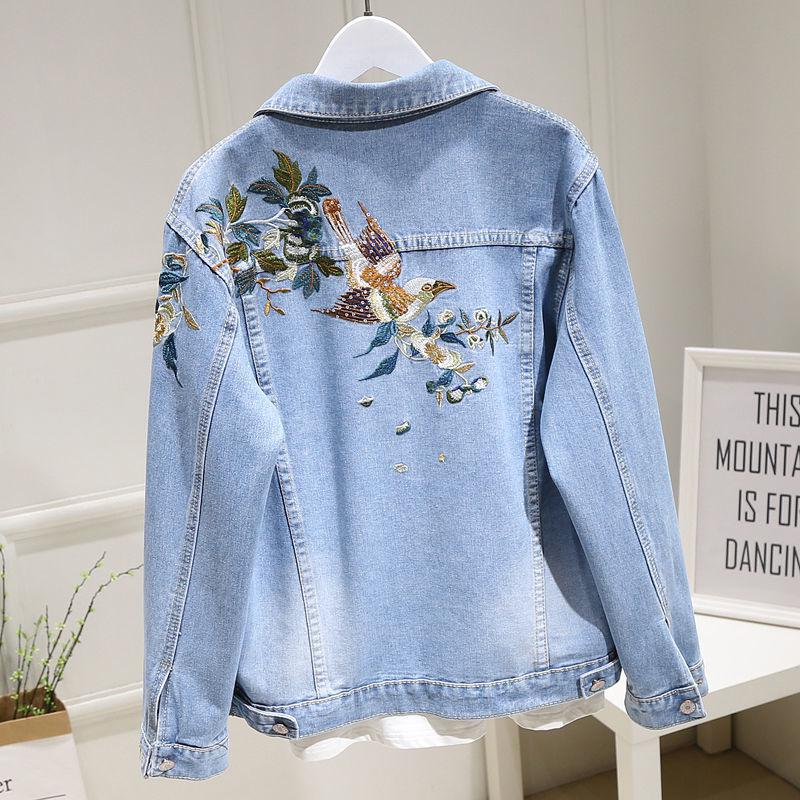 Women Embroidery Floral Vintage Denim Coat