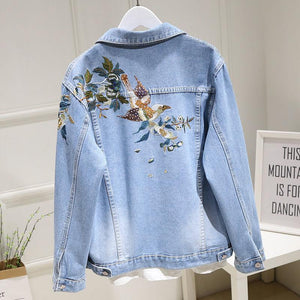 Women Embroidery Floral Vintage Denim Coat