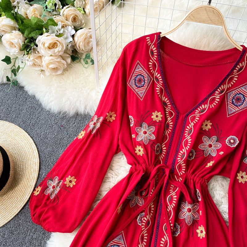 Women Embroidery Boho V-Neck Lantern Sleeve Dress