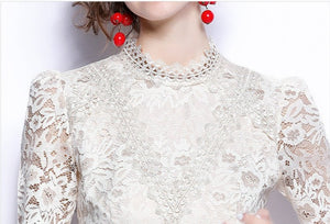 Women Princess Sleeve Lace O-Neck Slim Rushed Chic Dress