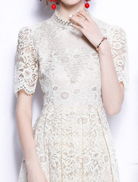Women Princess Sleeve Lace O-Neck Slim Rushed Chic Dress