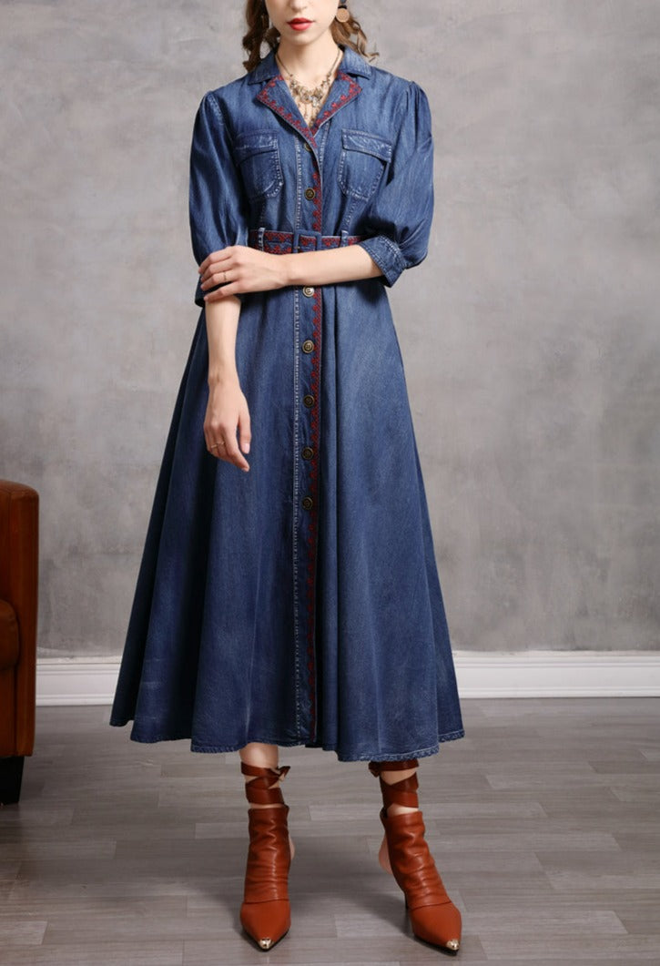 Woman Embroidery Boho Denim Vintage Belted Dress