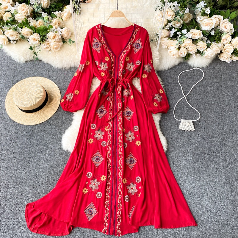 Women Embroidery Boho V-Neck Lantern Sleeve Dress