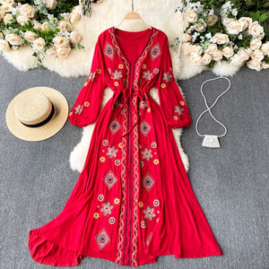 Women Embroidery Boho V-Neck Lantern Sleeve Dress