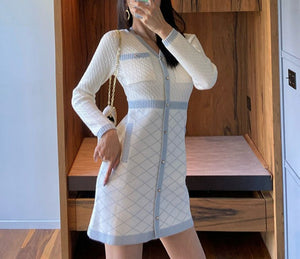 Women Knitted Long Sleeve Button Designer Mini Sweater Dress