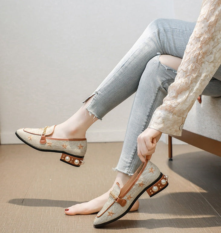 Women Embroidery Pearl Flax Chain High Heel Shoes