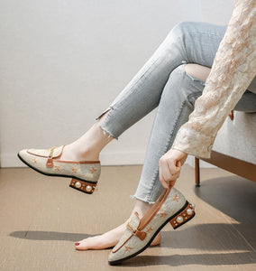 Women Embroidery Pearl Flax Chain High Heel Shoes
