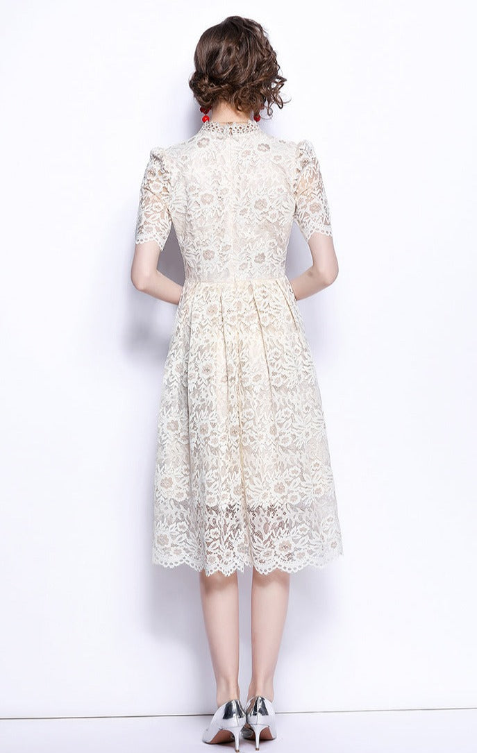 Women Princess Sleeve Lace O-Neck Slim Rushed Chic Dress