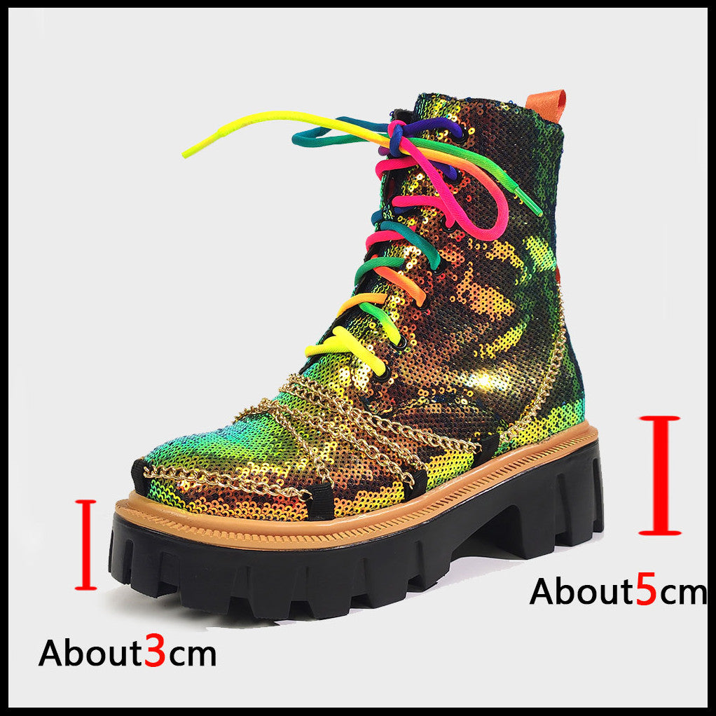 Women Motorcycle Chunky Heel Brand Chains Punk Combat Boots