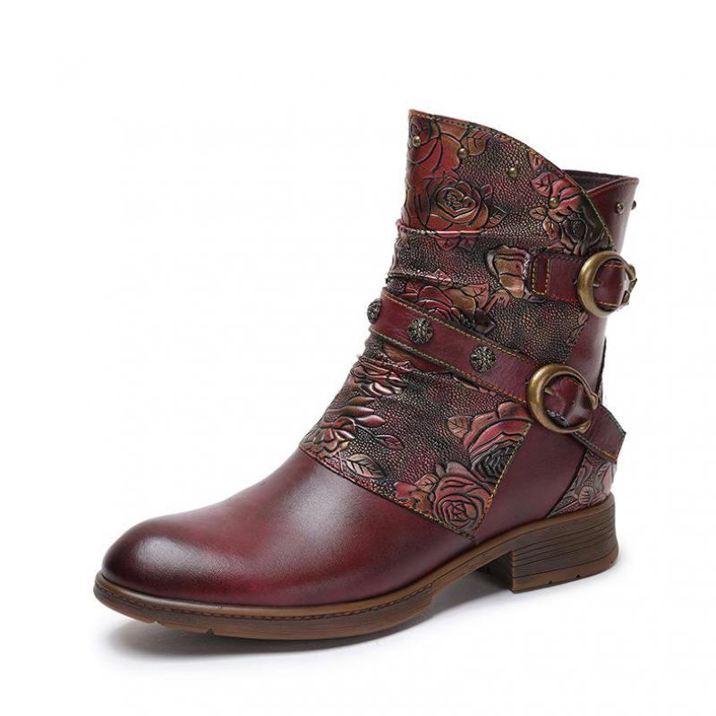 Women Genuine Leather Round Toe Print Handmade Concise Leisure Ankle Platform Boots