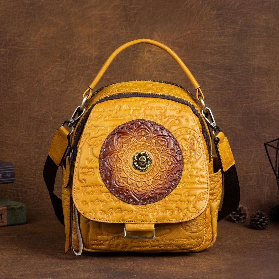 Women Floral Retro Cowhide Backpack Embossing Bag