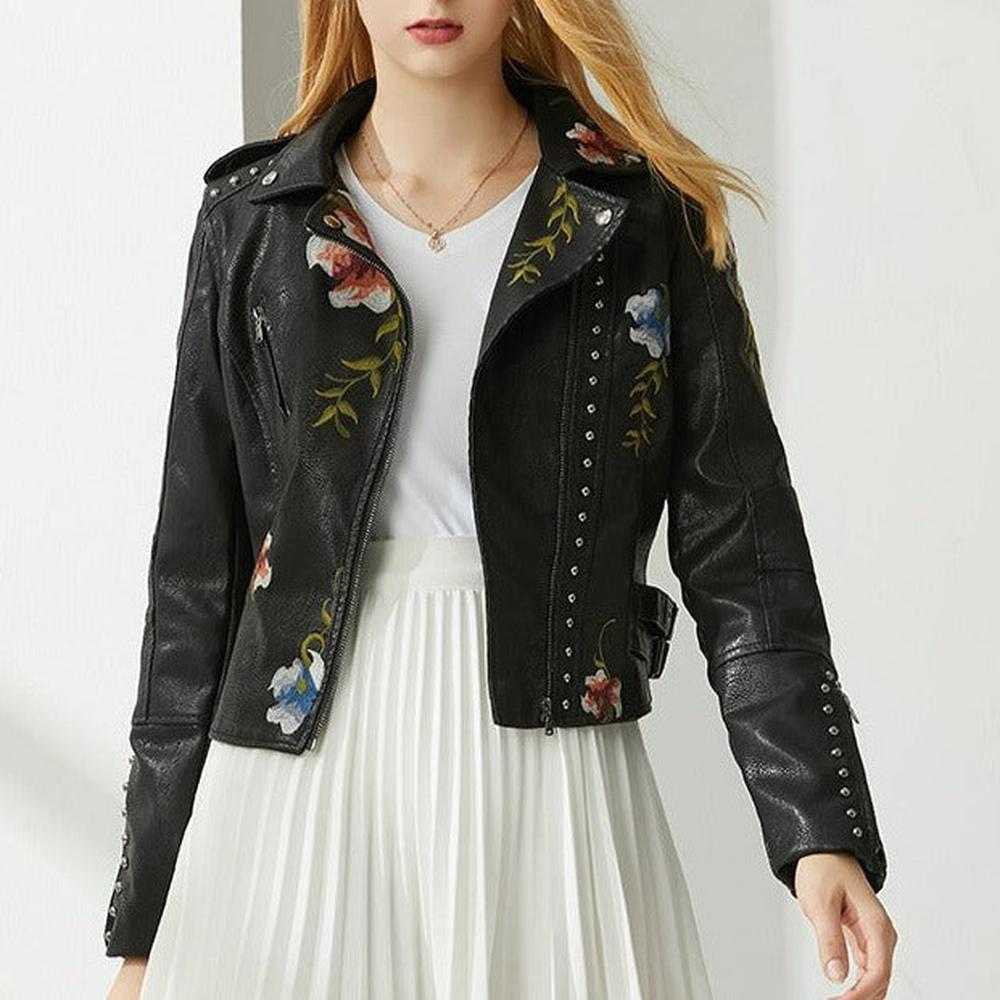 Women Retro Floral Print Embroidery Faux Soft Leather Jacket