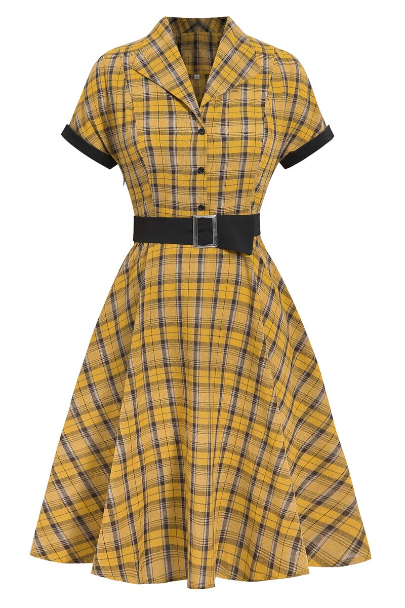 Women Vintage Retro Turn-down Collar Belt A-Line Casual Dress