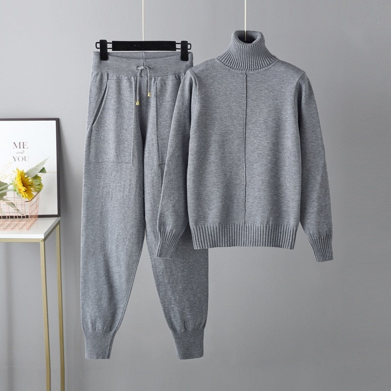 Women Knitted Tracksuit Turtleneck Sweater Carrot Jogging Pant 2 Pcs Set