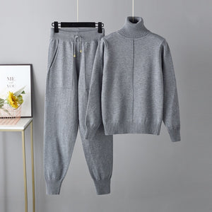 Women Knitted Tracksuit Turtleneck Sweater Carrot Jogging Pant 2 Pcs Set