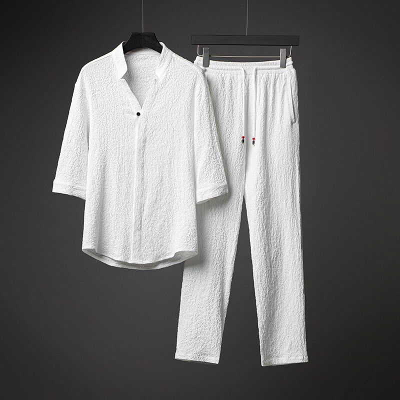 Men Harajuku Oversized Ice Silk Linen 2 Piece Suit