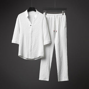 Men Harajuku Oversized Ice Silk Linen 2 Piece Suit