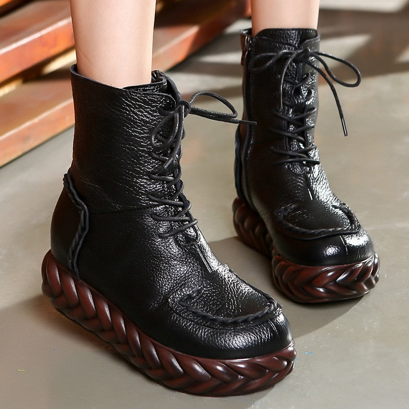 Women Vintage Genuine Leather Ankle Cowhide Lace-Up Boots