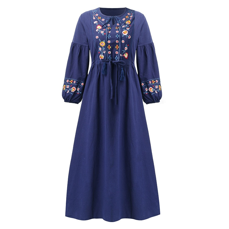 Women Embroidered Floral Boho Drawstring Vintage Dress