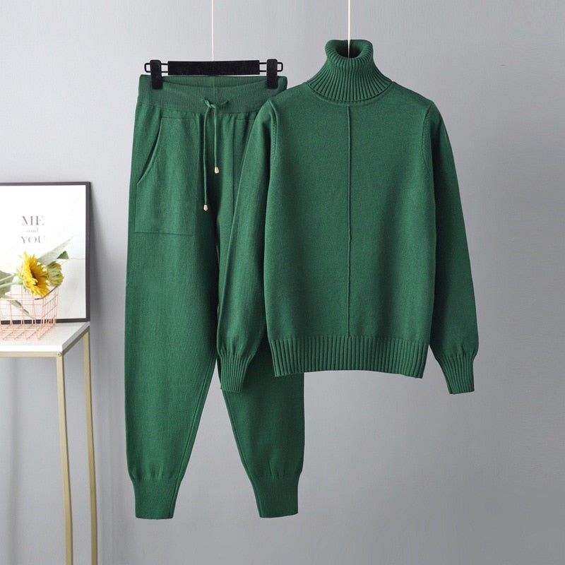 Women Knitted Tracksuit Turtleneck Sweater Carrot Jogging Pant 2 Pcs Set