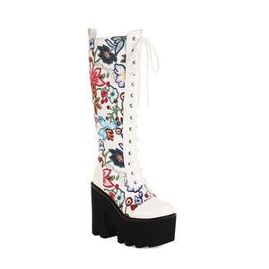 Women Floral Texture Cross Strap Knee-Length Boots
