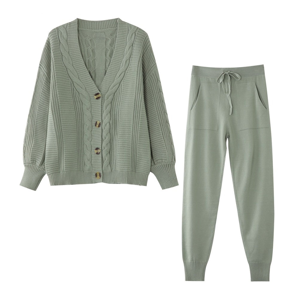 Women V-neck Single Breasted Cardigan Pant Sweater 2 Pcs Set