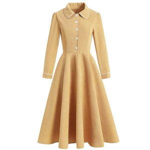 Women Vintage Peter Pan Collar Corduroy Elegant Midi Dress