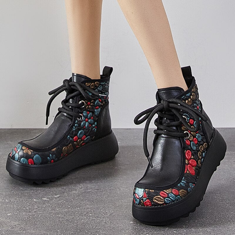 Women Genuine Leather Retro Lace-up Concise Boots